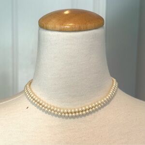 Double layer faux pearls choker with gold plated chain extender